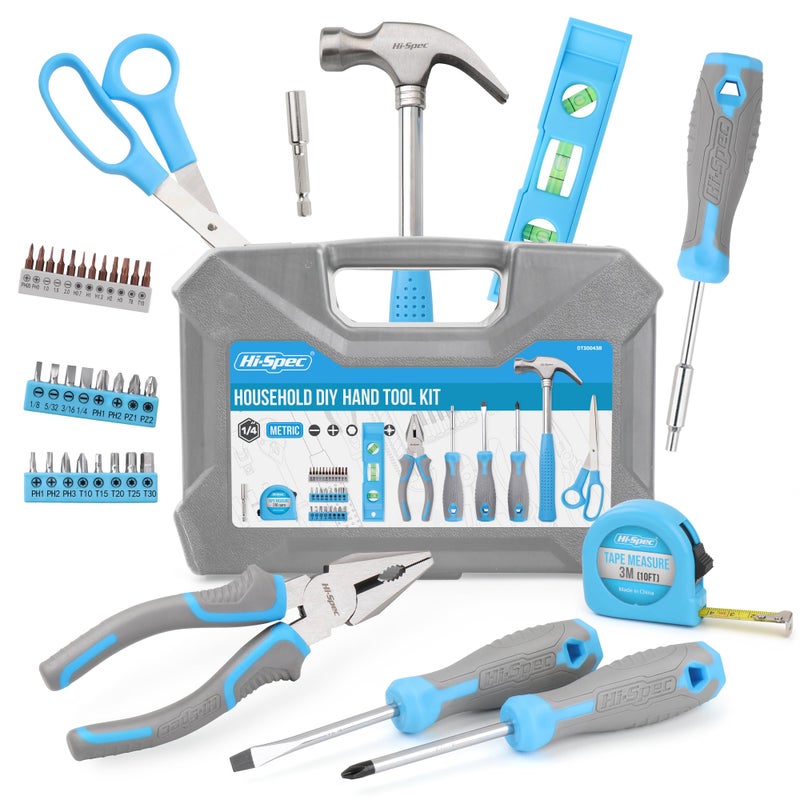 Hi-Spec Tool Set, Blue Household Starter Set with Tool Box, Car ToolKit, Tools for Home Office Dorm Room Essentials, Easy to Carry and Store - Image 1
